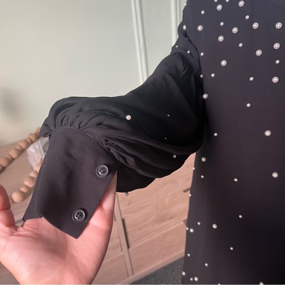 BYRD Modest Black & Ombre Embroidered White Pearl Chiffon Midi Knee-Length Dress - Picture 7 of 16